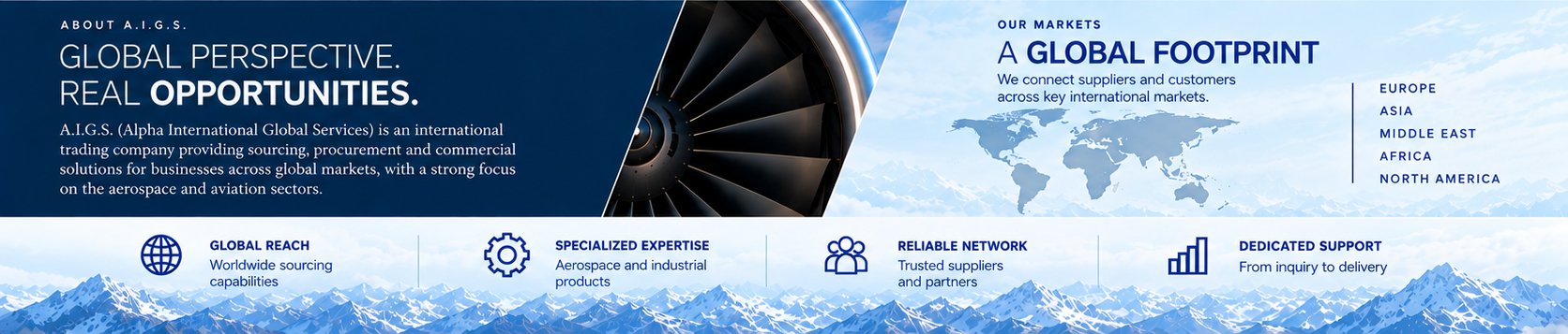 About A.I.G.S. — Global perspective, real opportunities. Our markets: Europe, Asia, Middle East, Africa, North America. Global reach, specialized expertise, reliable network, dedicated support.