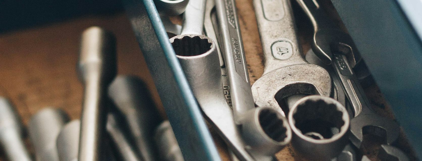 Spanners and sockets in a mechanic's tool box